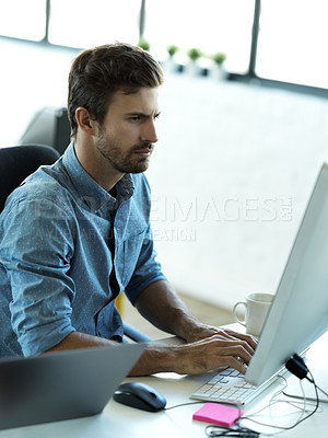 Buy stock photo Serious man, computer typing and web business planning a website layout in office. Content management, startup and employee on technology working on creative strategy design with tech software 