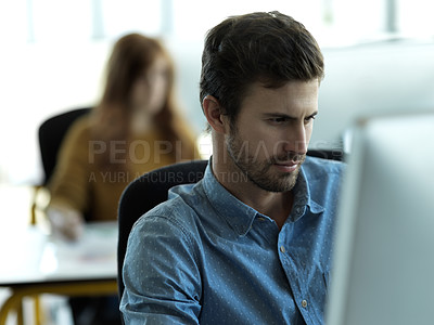 Buy stock photo Business man, computer work and concentrating on web designer planning a website layout. Content management, startup and employee working on creative strategy design with tech software in a company