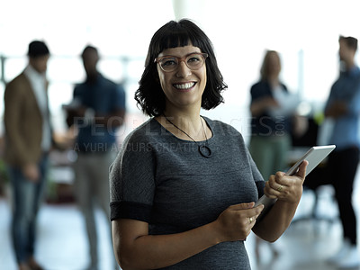 Buy stock photo Technology, leadership and portrait of woman with tablet for email, sales or social media on web. Research, leader and company ceo networking with online communication in management at startup office