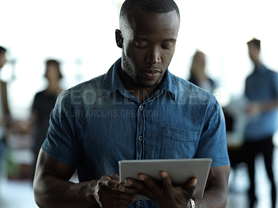 Buy stock photo Technology, business and black man with tablet reading email, sales or social media on web. Research, internet and company ceo networking with online communication in management at startup office