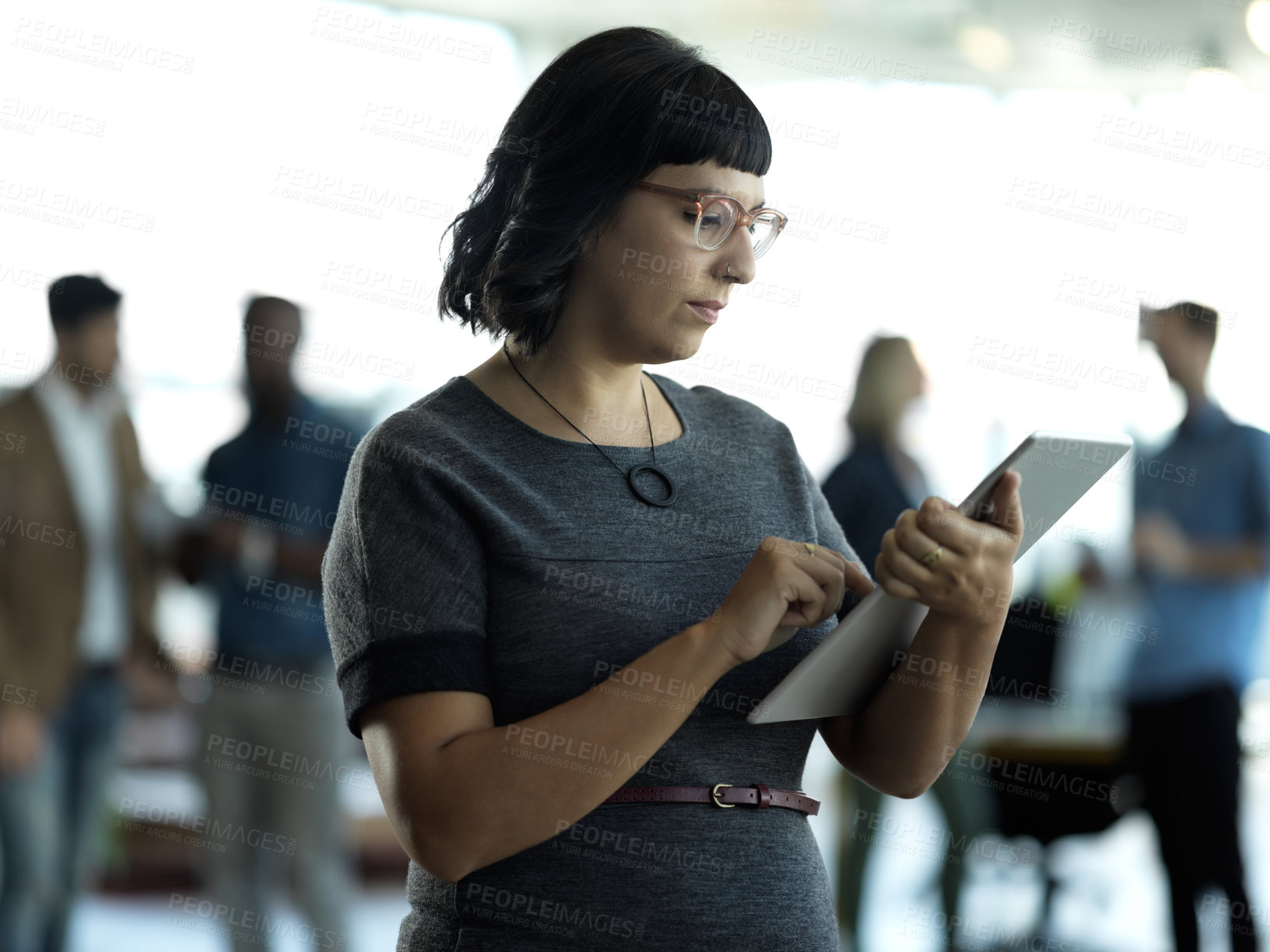 Buy stock photo Technology, leadership and woman with tablet reading email, sales or social media on web. Research, leader and b2b, company ceo networking with online communication in management at startup office.