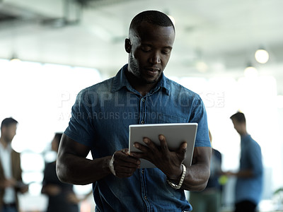 Buy stock photo Business, internet and black man with tablet reading email, sales or social media on web. Research, analytics and company ceo networking with online communication in b2b management at startup office.