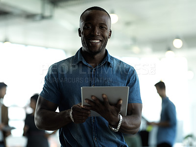 Buy stock photo Technology, business and portrait of black man with smile, vision and tablet for email, sales or web networking. Research, company leader and online communication in b2b management at startup office.