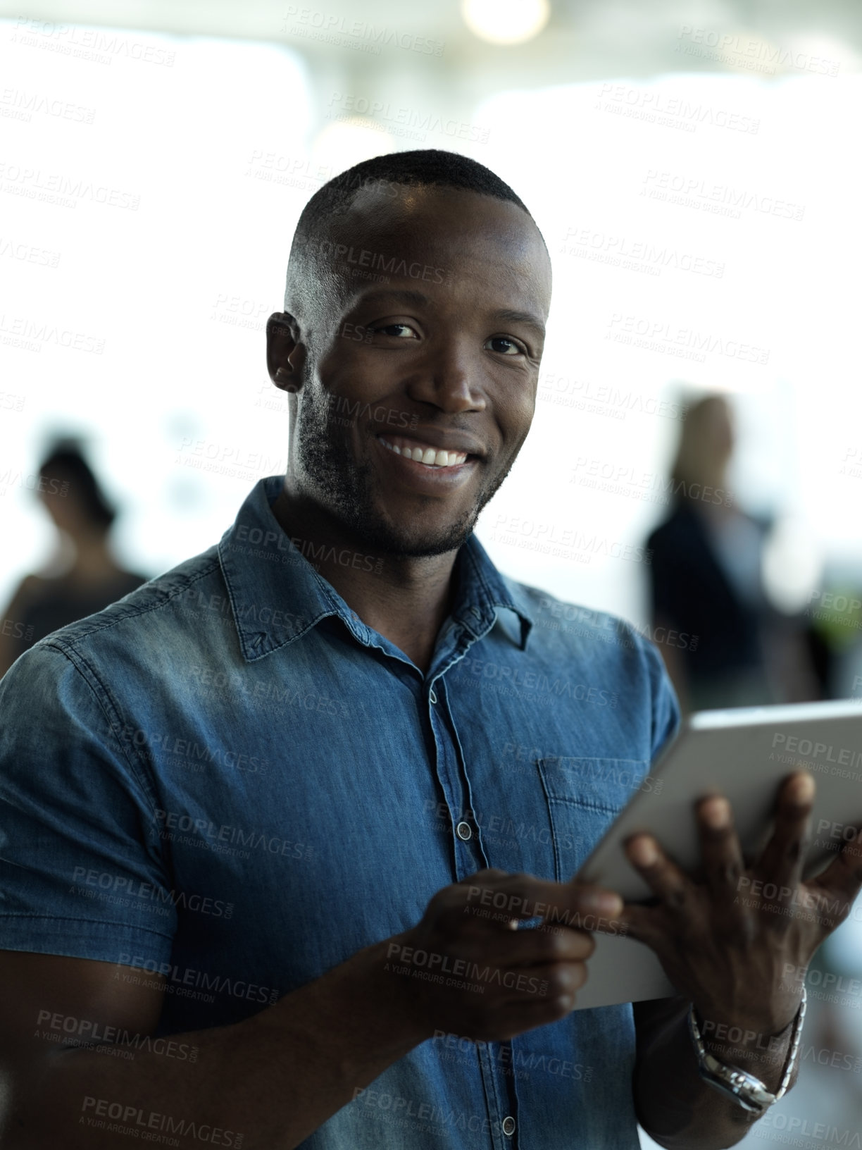 Buy stock photo Smile, business and portrait of black man with tablet for email, sales or global networking. Research, happy company leader with vision and online communication in b2b management at startup office.