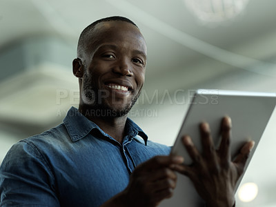 Buy stock photo Smile, confidence and portrait of black man with tablet for email, sales or global networking. Research, happy company leader with vision and online communication in b2b management at startup office.