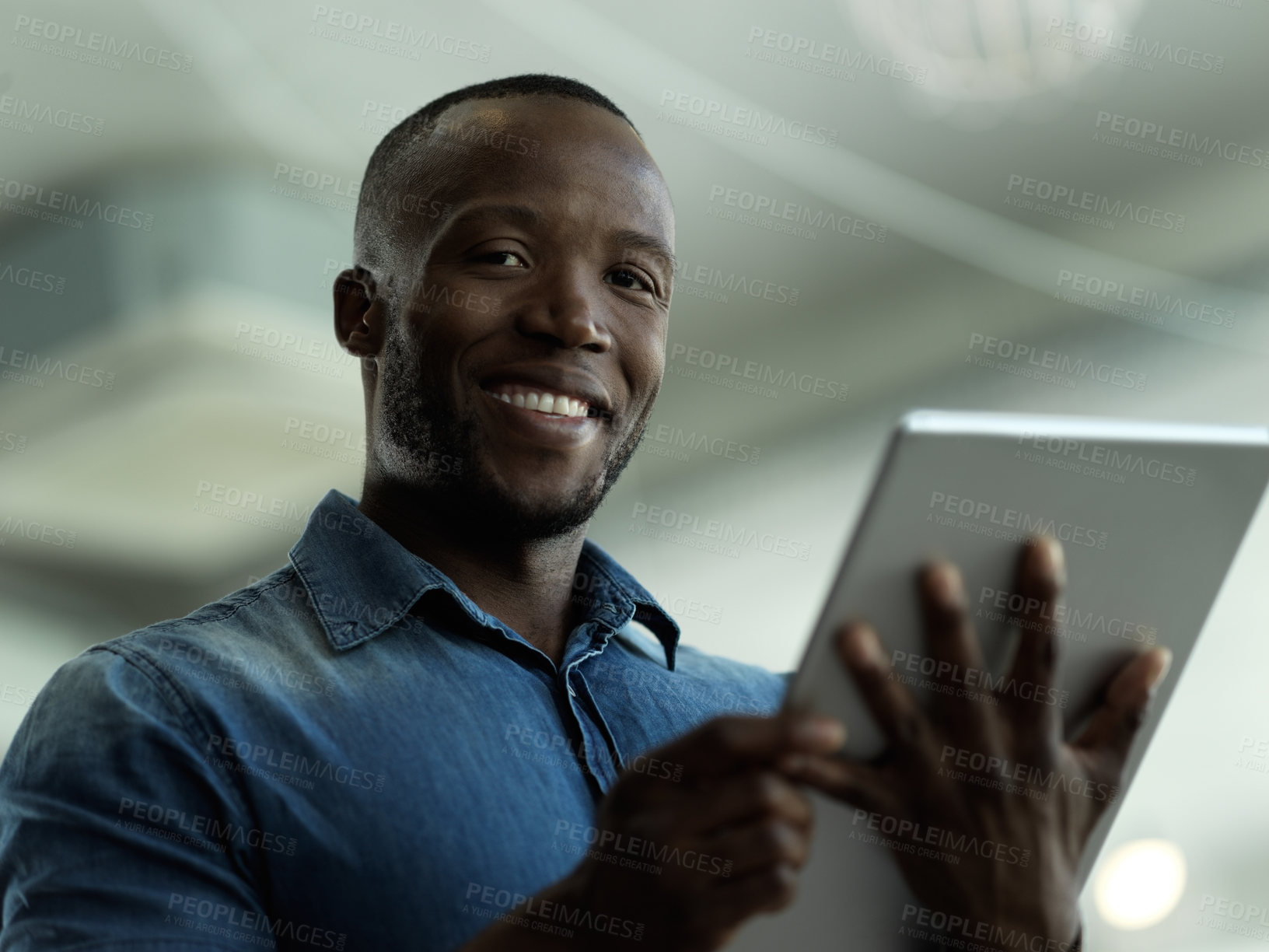 Buy stock photo Smile, confidence and portrait of black man with tablet for email, sales or global networking. Research, happy company leader with vision and online communication in b2b management at startup office.