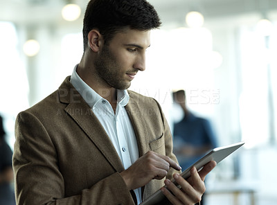 Buy stock photo Technology, networking and businessman with tablet reading email, sales report or schedule on web. Research, leadership and company ceo with online communication in data management at startup office.