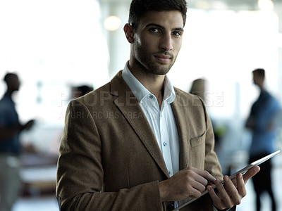 Buy stock photo Technology, face and portrait of businessman with tablet, confident business leader in Saudi Arabia. Research, leadership and agency ceo networking, online communication in management at startup.