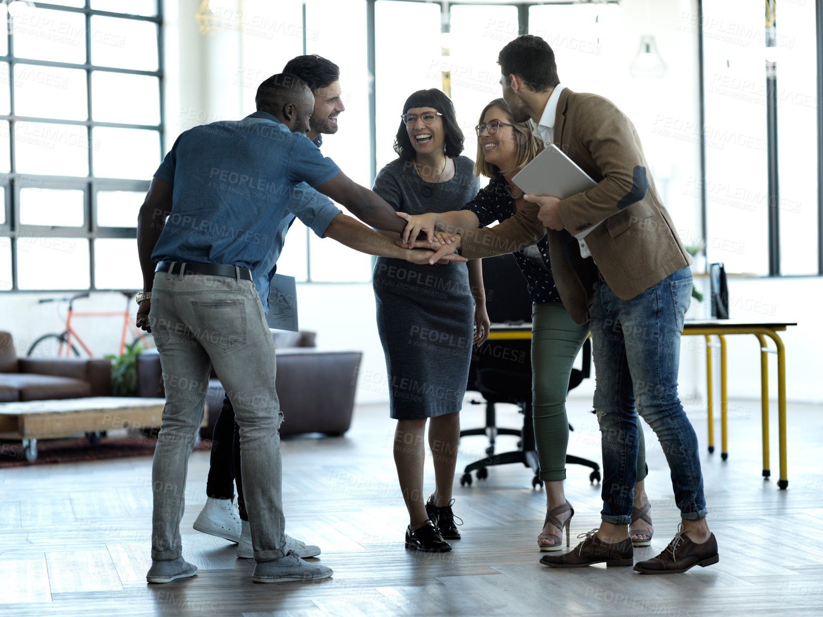 Buy stock photo Winner, motivation and teamwork with business people in office and celebration for success, leadership and vision. Diversity, planning and trust with employees and hands for goal, community and focus