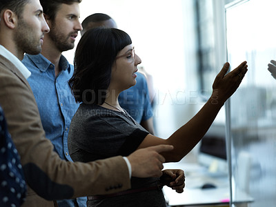Buy stock photo Creative business people, whiteboard and planning strategy in brainstorming, schedule or tasks at office. Group of employee workers in teamwork, collaboration or project management plan for startup