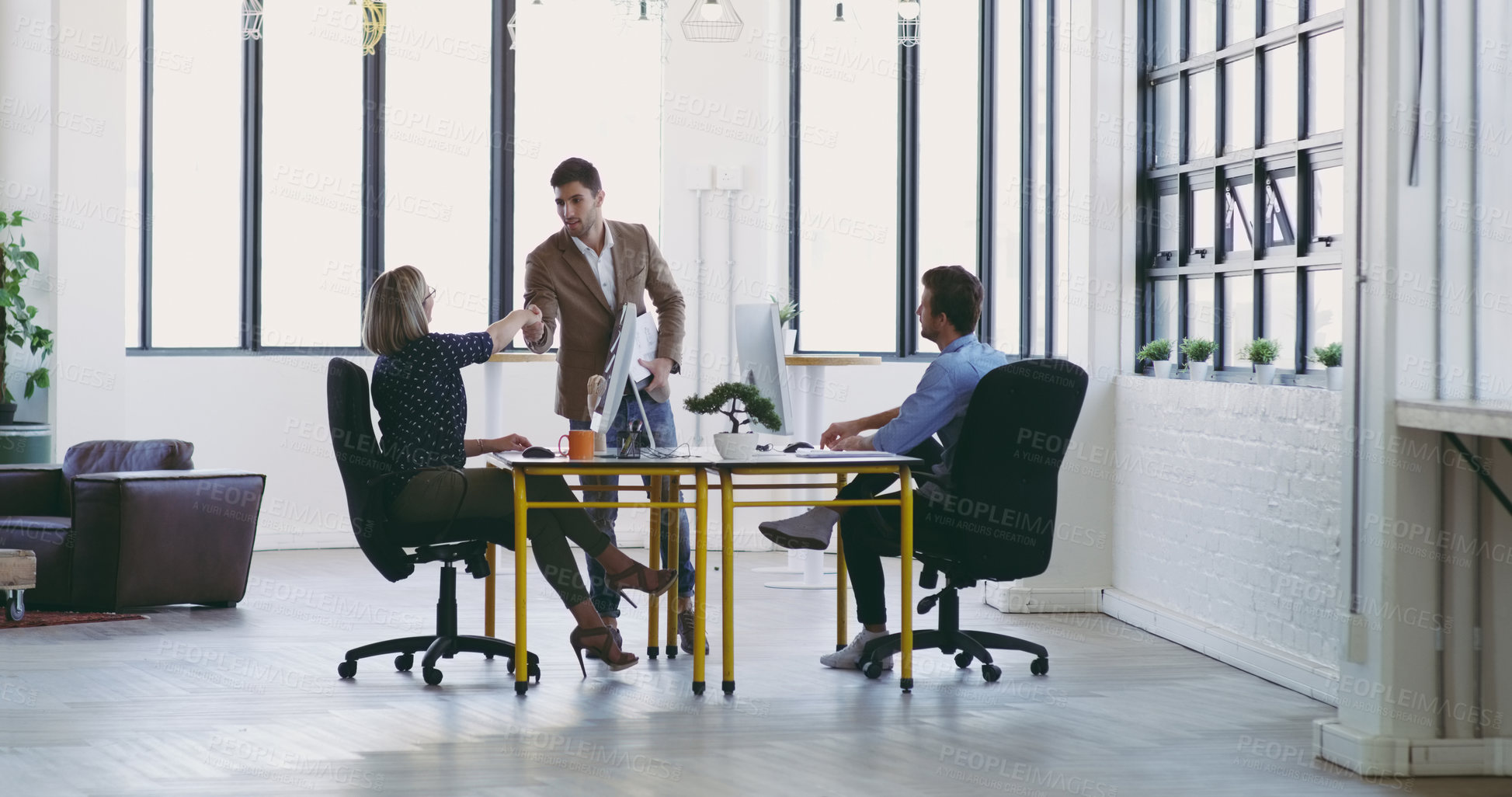 Buy stock photo B2b meeting, woman and client with handshake in office, planning and strategy project discussion at design agency. Corporate people, partnership and designer team deal with creative vision and idea.