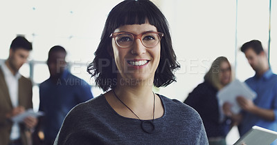 Buy stock photo Leadership, portrait and business woman in the office with confidence after planning a project. Happy, smile and professional female corporate employee standing in workplace after working with team.