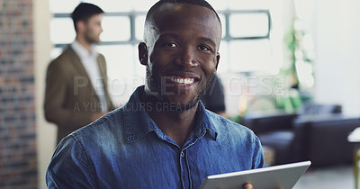 Buy stock photo Portrait, internship and black businessman at tech startup with a tablet in an office, workplace and company. Young, internet and man employee or worker confident, smile and happy entrepreneur