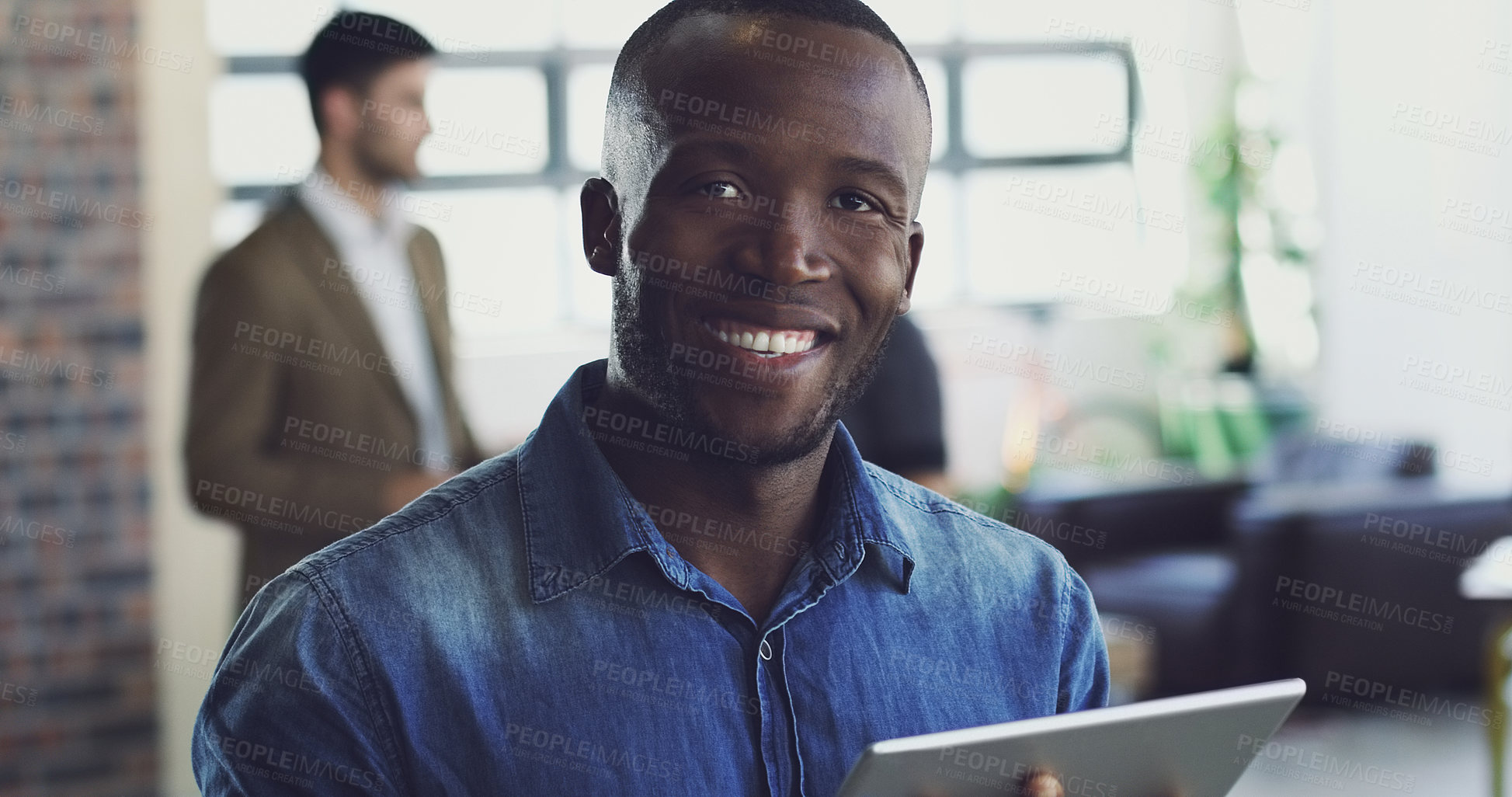 Buy stock photo Portrait, internship and black businessman at tech startup with a tablet in an office, workplace and company. Young, internet and man employee or worker confident, smile and happy entrepreneur