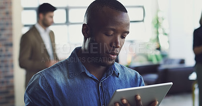Buy stock photo Tablet, business research and black man reading social network feedback, customer experience data or ecommerce. Brand monitoring, website database and media employee review of online survey analytics