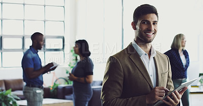 Buy stock photo Man, tablet and portrait of leader in startup business planning, idea or vision at the office. Happy male designer with touchscreen and smile for leadership, project management or company goals