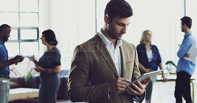 Buy stock photo Tablet, scroll or business man reading social network research, customer experience feedback or ecommerce data. Brand monitoring, online app database or media worker review of online survey analytics