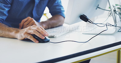 Buy stock photo Hand, computer mouse or hacker man for cybersecurity, app coding or data analysis in office. Programmer, developer or employee on tech for software code, programming or startup analytics review 
