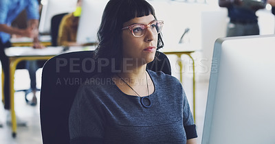 Buy stock photo Thinking, planning and computer with business woman in office for designer, idea and email. Technology, internet and creative with employee typing in digital agency startup for data, vision and focus