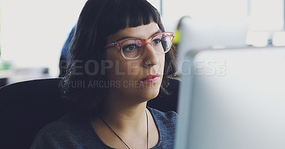 Buy stock photo Office computer, reading and business woman review financial portfolio, stock market database or investment budget. Accounting administration, ecommerce or crypto trader trading bitcoin, NFT or forex