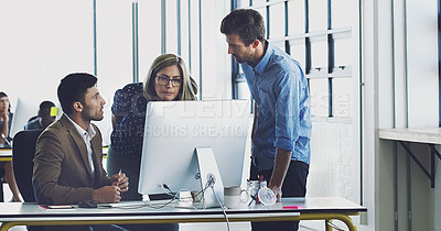 Buy stock photo Collaboration, management and team working together on a web design at a startup company office using internet. Group, teamwork and business people using computer for developers of idea