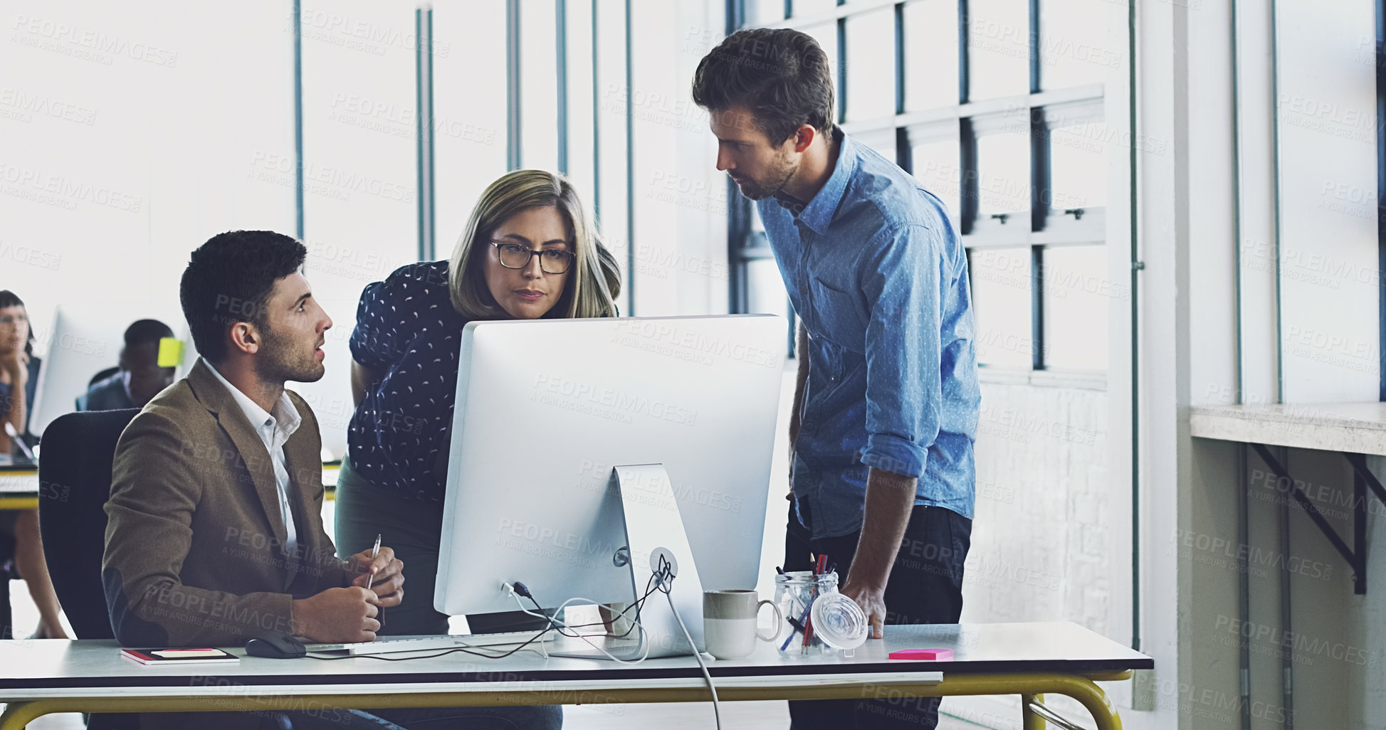 Buy stock photo Collaboration, management and team working together on a web design at a startup company office using internet. Group, teamwork and business people using computer for developers of idea