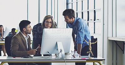 Buy stock photo Teamwork, coaching and computer with business people in office for review, collaboration and planning, Strategy, designer and leadership with employee in digital agency for idea, learning and goals