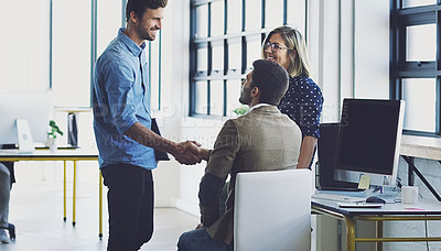 Buy stock photo Handshake, meeting and leadership with businesspeople in office for b2b, collaboration or teamwork. Support, happy and deal with employee shaking hands in digital agency for creative, vision or goals