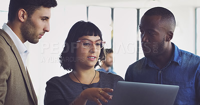 Buy stock photo Tablet, discussion and team of business people in the office doing research for a corporate project together. Collaboration, professional and group of employees working on a report on a mobile device