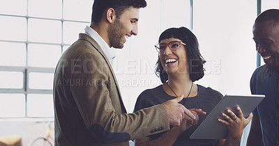 Buy stock photo Digital tablet, office and team working on a corporate project together while in discussion. Technology, planning and group of business people doing research for a company report with a mobile device
