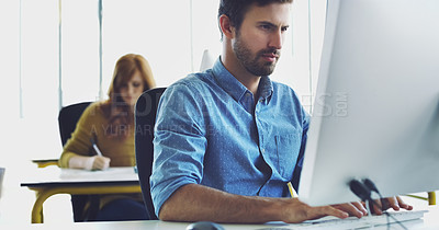 Buy stock photo Focus, computer or man in office for cybersecurity, app coding or networking. Programmer, developer or employee typing on tech for software code, programming or startup SEO website schedule review