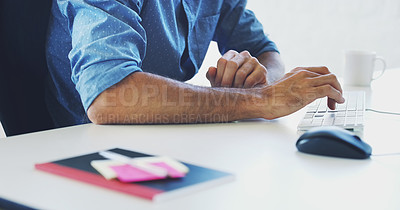 Buy stock photo Research, computer or hacker man hands for cybersecurity, app coding or data analysis in office. Programmer, developer or employee on tech for software code, programming or startup analytics review
