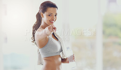 Buy stock photo Exercise, water and portrait of woman with point for fitness, sports opportunity and h2o hydration. Happy, athlete and female person with hand gesture in gym for workout, motivation and support