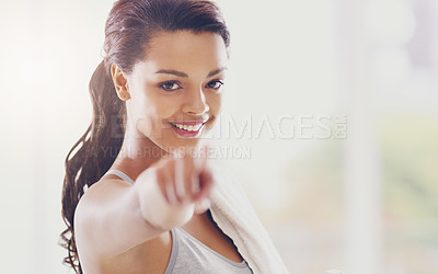 Buy stock photo Smile, fitness and portrait of woman with point for training, sports motivation and vote in exercise. Happy, athlete and female person with hand gesture in gym for workout, opportunity and feedback