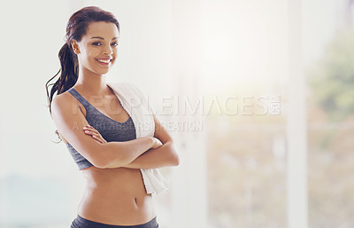 Buy stock photo Portrait, arms crossed and fitness with woman and smile for workout break, exercise and health. Wellness, training and athlete with person for energy, challenge and sports center mockup space