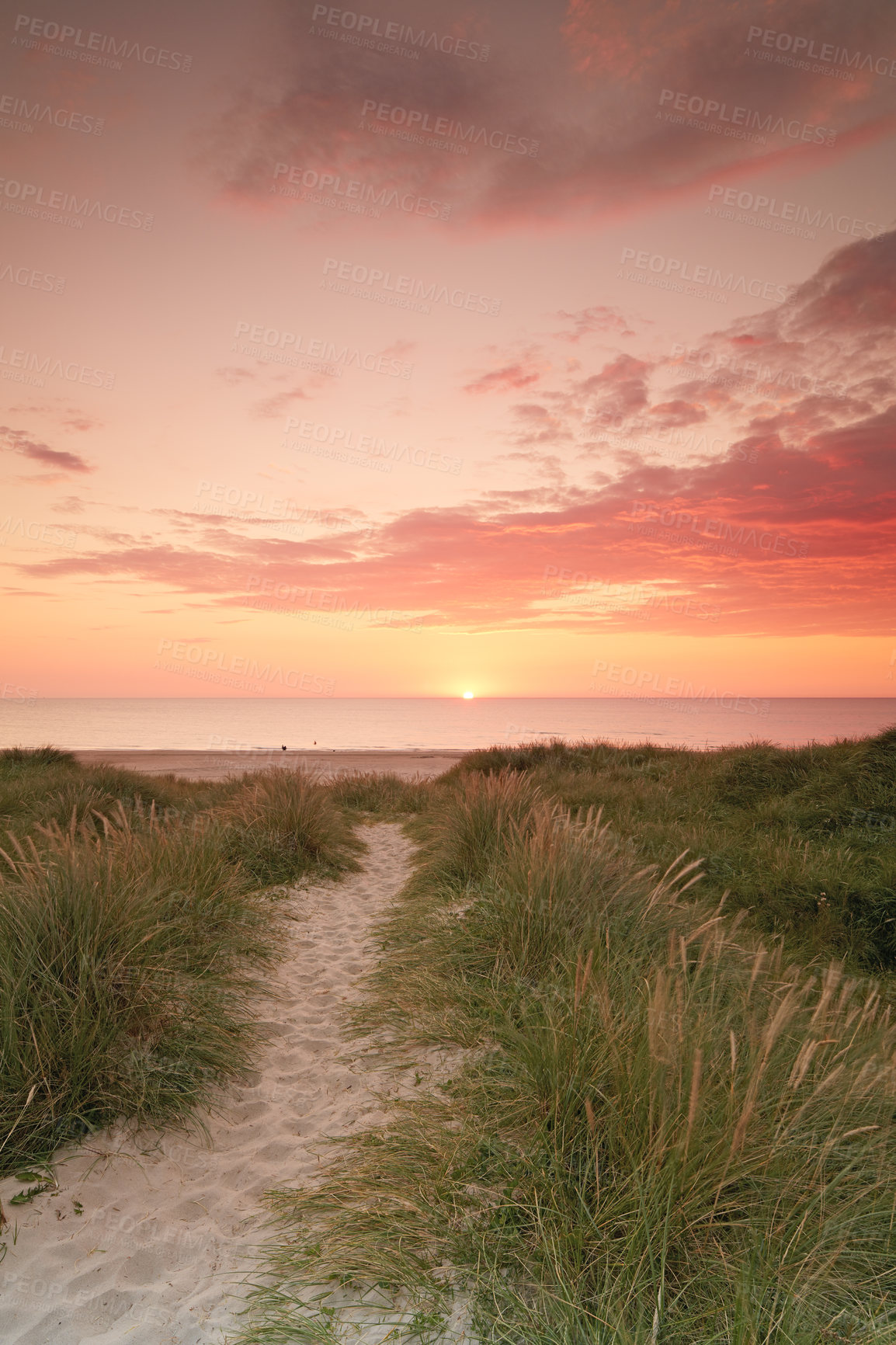 Buy stock photo Sunset sky, beach and landscape, nature and travel with environment and coastal location in Denmark. Fresh air, grass and path with seaside destination and ocean view, outdoor and natural scenery