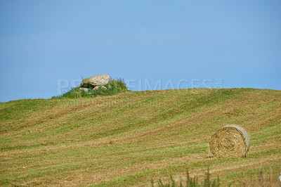 Buy stock photo Farm, field and landscape, nature and countryside with environment and agriculture location in Denmark. Fresh air, grass and land with farming destination and hay bale outdoor with natural scenery