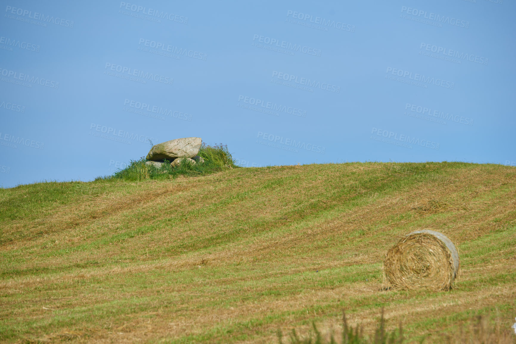 Buy stock photo Farm, field and landscape, nature and countryside with environment and agriculture location in Denmark. Fresh air, grass and land with farming destination and hay bale outdoor with natural scenery