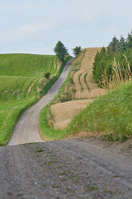 Buy stock photo Road, path in countryside and landscape with travel, farm land in Denmark with nature and environment. Journey, green and agriculture location, rural drive way and natural scenery with farming field