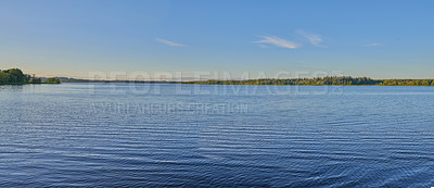 Buy stock photo Lake, sky and horizon with waves, outdoor and nature with sustainability in summer, clouds and dam. River, reservoir and organic water supply with landscape, banner and eco friendly in Denmark