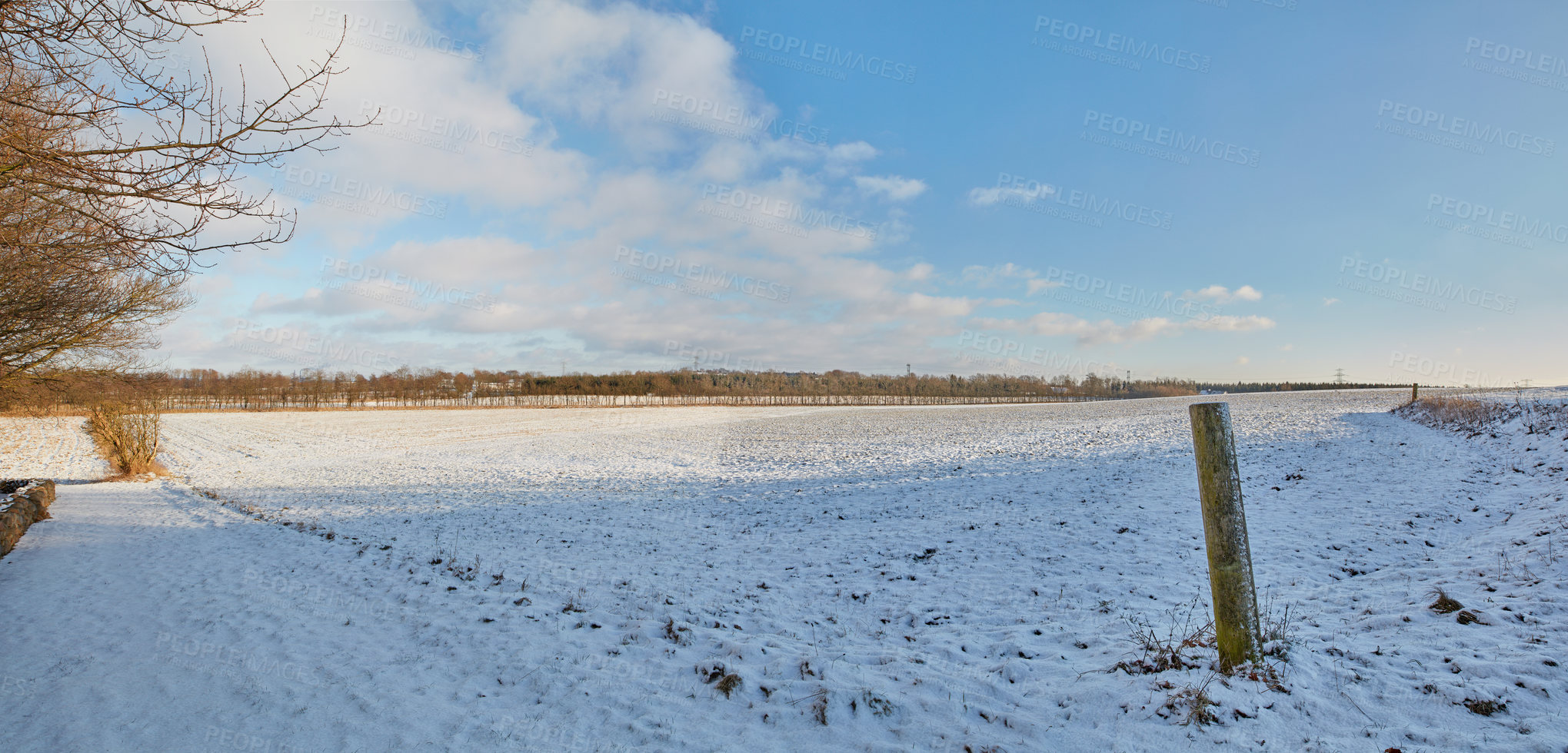 Buy stock photo Snow, field and landscape with nature and outdoor, environment with winter and location in Denmark. Cold, fresh air and natural scenery with Earth, eco and destination with ice meadow and weather