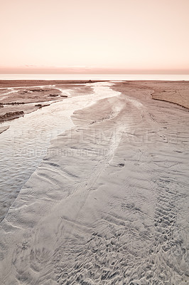 Buy stock photo Sunset, beach and sand for nature outdoor for tropical island, natural environment and summer vacation. Ocean, lagoon and sea water for morning sunrise, shore coast and evening travel in Denmark trip