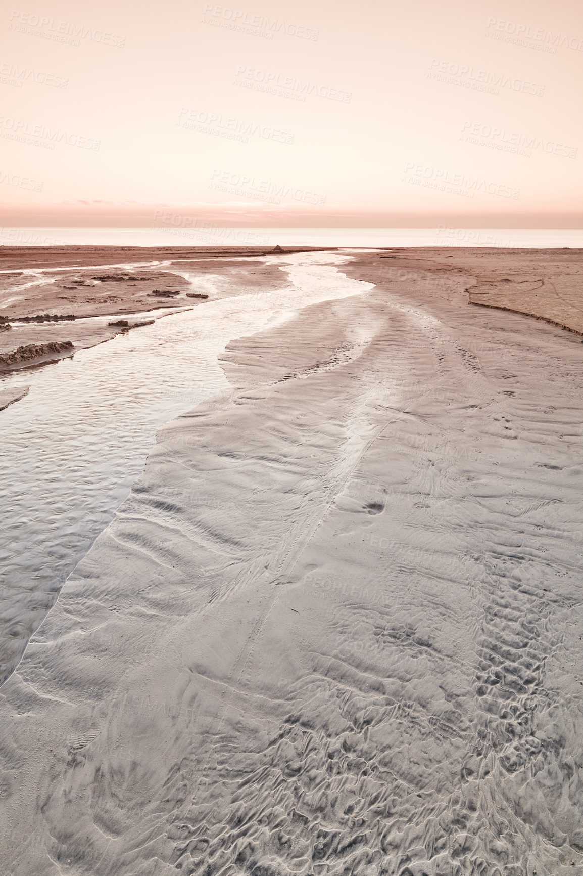 Buy stock photo Sunset, beach and sand for nature outdoor for tropical island, natural environment and summer vacation. Ocean, lagoon and sea water for morning sunrise, shore coast and evening travel in Denmark trip