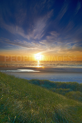 Buy stock photo Beach, grass and landscape with sunset, ocean and outdoor dunes with overgrowth and summer. Environment, greenery and natural scenery with ecosystem, wilderness or conservation countryside in Denmark