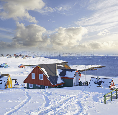 Buy stock photo Snow, winter and architecture of houses, countryside and view of structure, outdoor and home in morning. Village, weather and cabin for vacation, resort and destination for holiday, property and USA