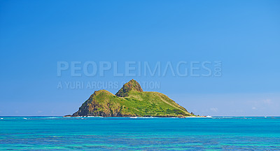 Buy stock photo Blue water, tropical island and Hawaii with clear sky in summer in nature on holiday. Natural background, sunshine and sunrise at the ocean and beach of Oahu outdoor with calm sea and mockup space