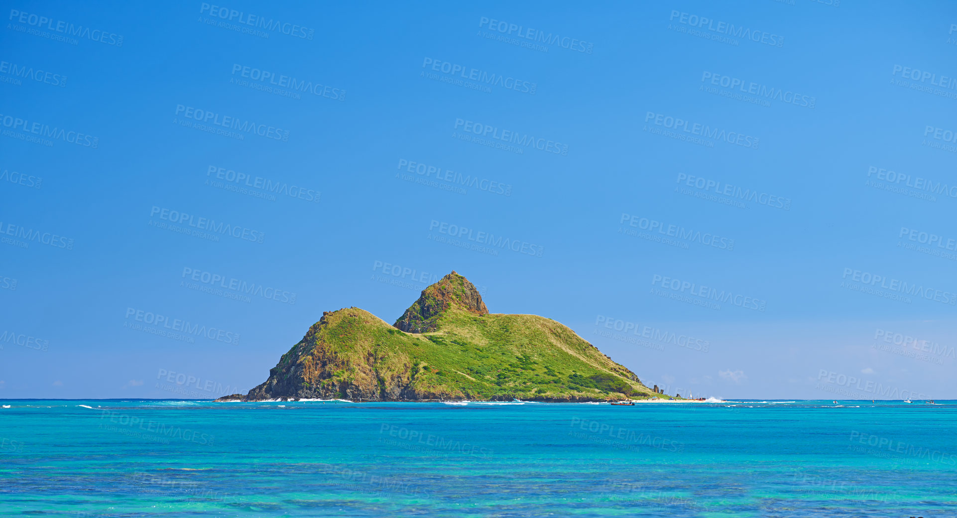 Buy stock photo Blue water, tropical island and Hawaii with clear sky in summer in nature on holiday. Natural background, sunshine and sunrise at the ocean and beach of Oahu outdoor with calm sea and mockup space