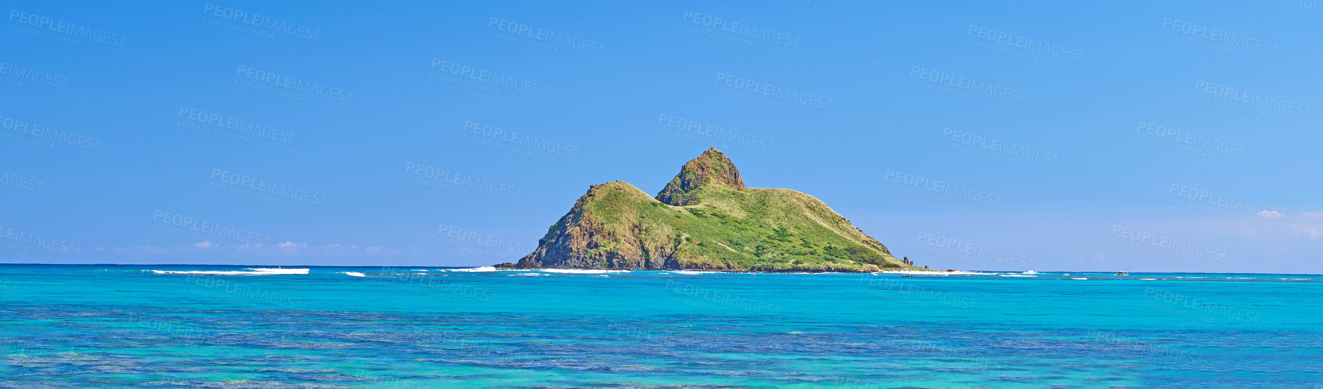 Buy stock photo Blue water, tropical island travel and Hawaii with clear sky in summer in nature on holiday. Natural background, sunshine and sunrise at the ocean and beach of Oahu outdoor with sea and mockup space