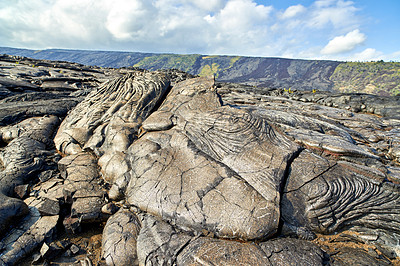 Buy stock photo Environment, landscape and mountain with stone formation for hawaii geology, conservation or view. Blue sky, ecology or nature with magma valley in morning for destination, exploration or ecosystem