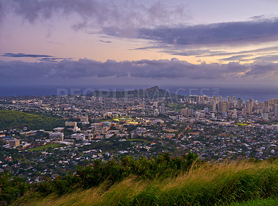 Buy stock photo City, landscape and sky at sunset with mountain in Oahu, view and urban background with clouds, land and nature. Sunrise, skyline and environment for travel, vacation and tropical paradise adventure